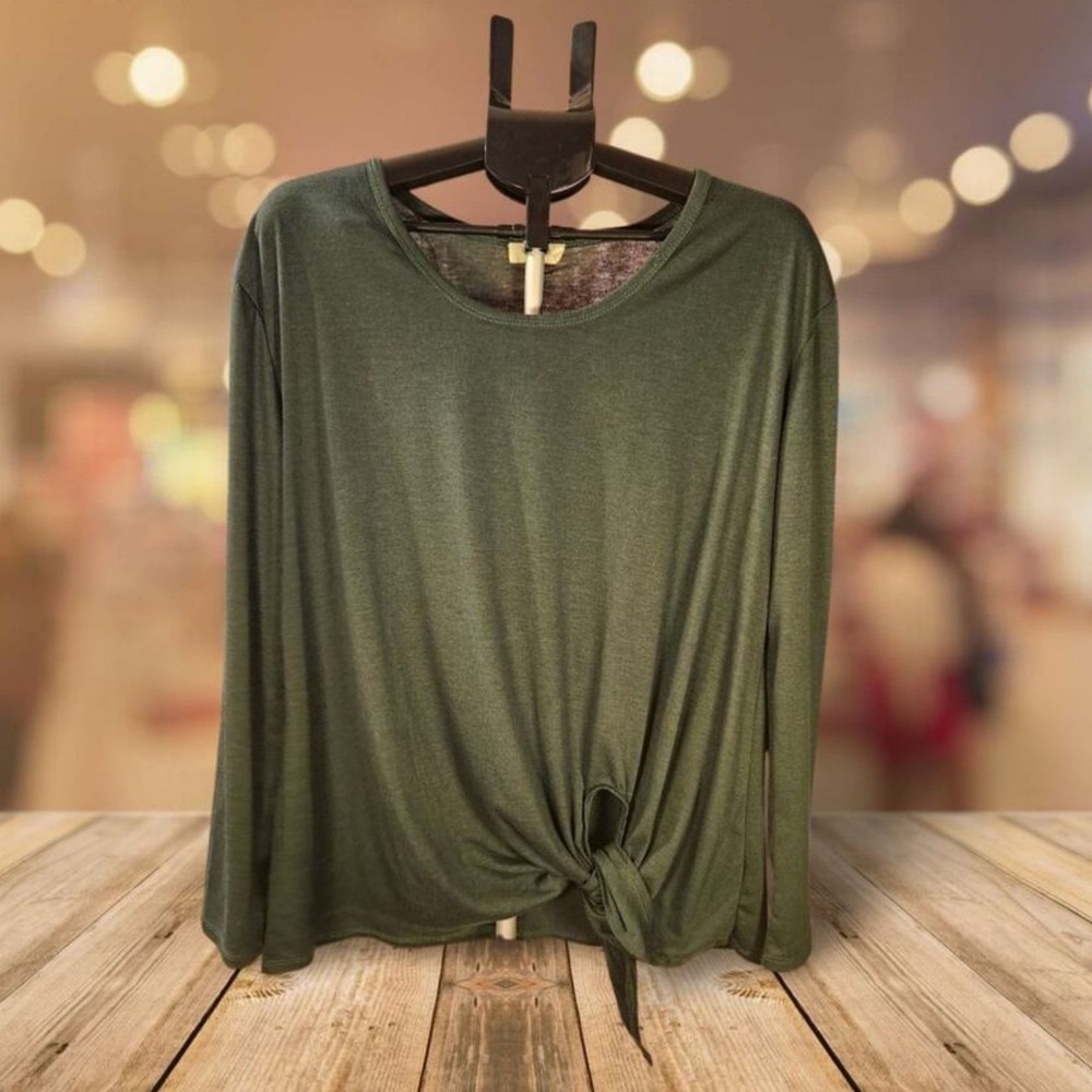 UMGEE USA Olive Green Long Sleeve Tie Front Tunic Top‎ Shirt Women Size Medium